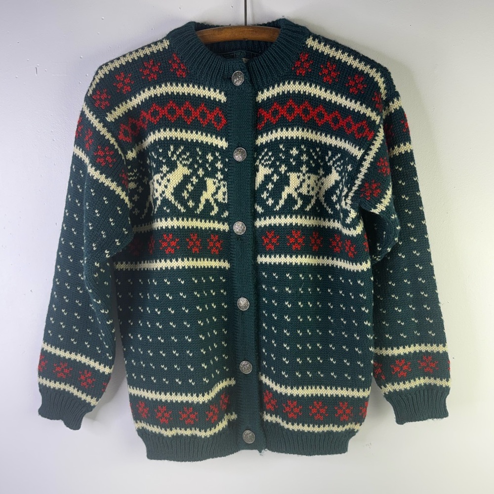 DALE OF NORWAY Fairisle  reindeer pattern wool cardigan with silver buttons Sz S